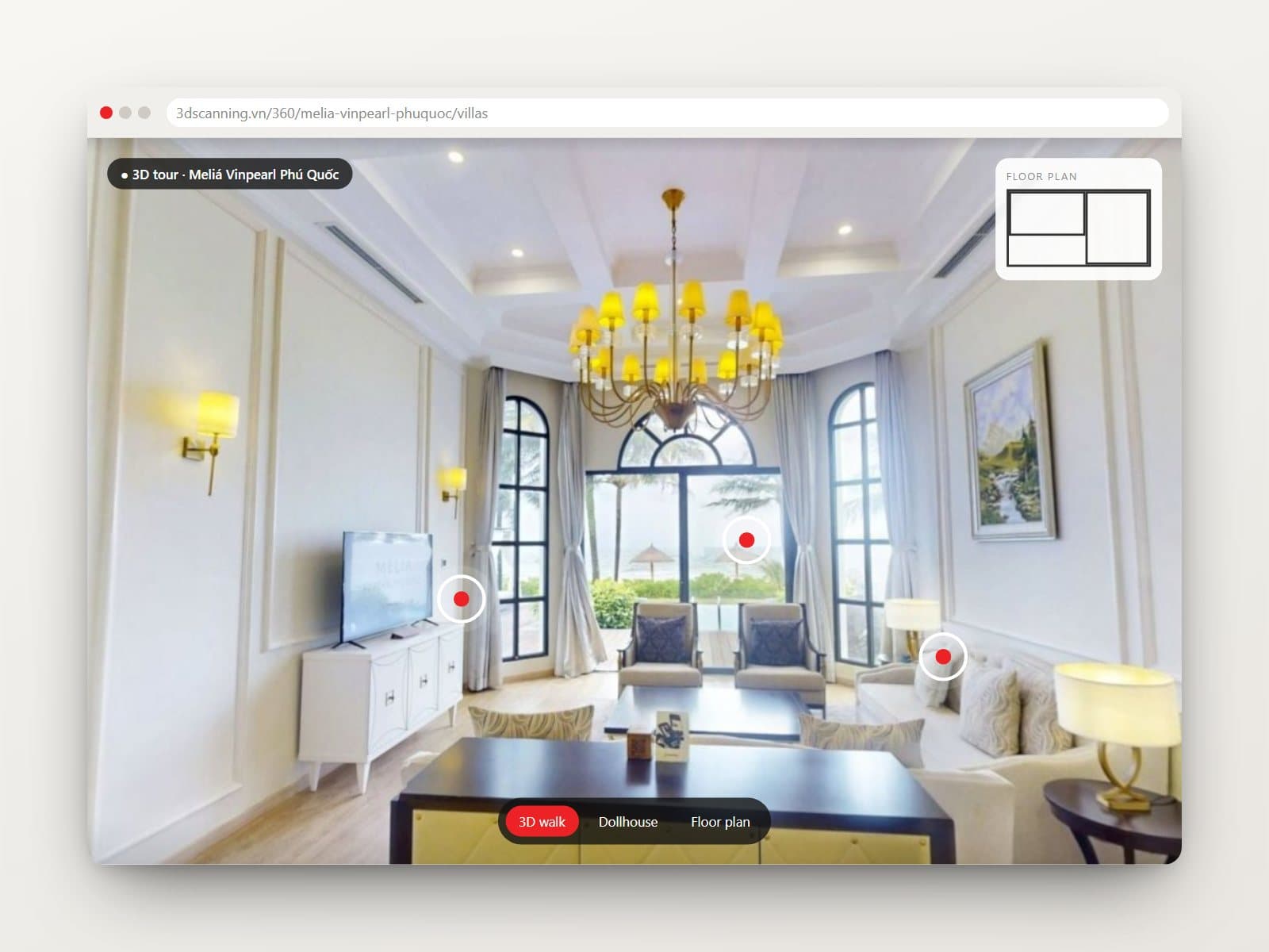 A 3D tour of a villa living room at Meliá Vinpearl Phú Quốc, with arched windows onto the sea, shown in a browser.