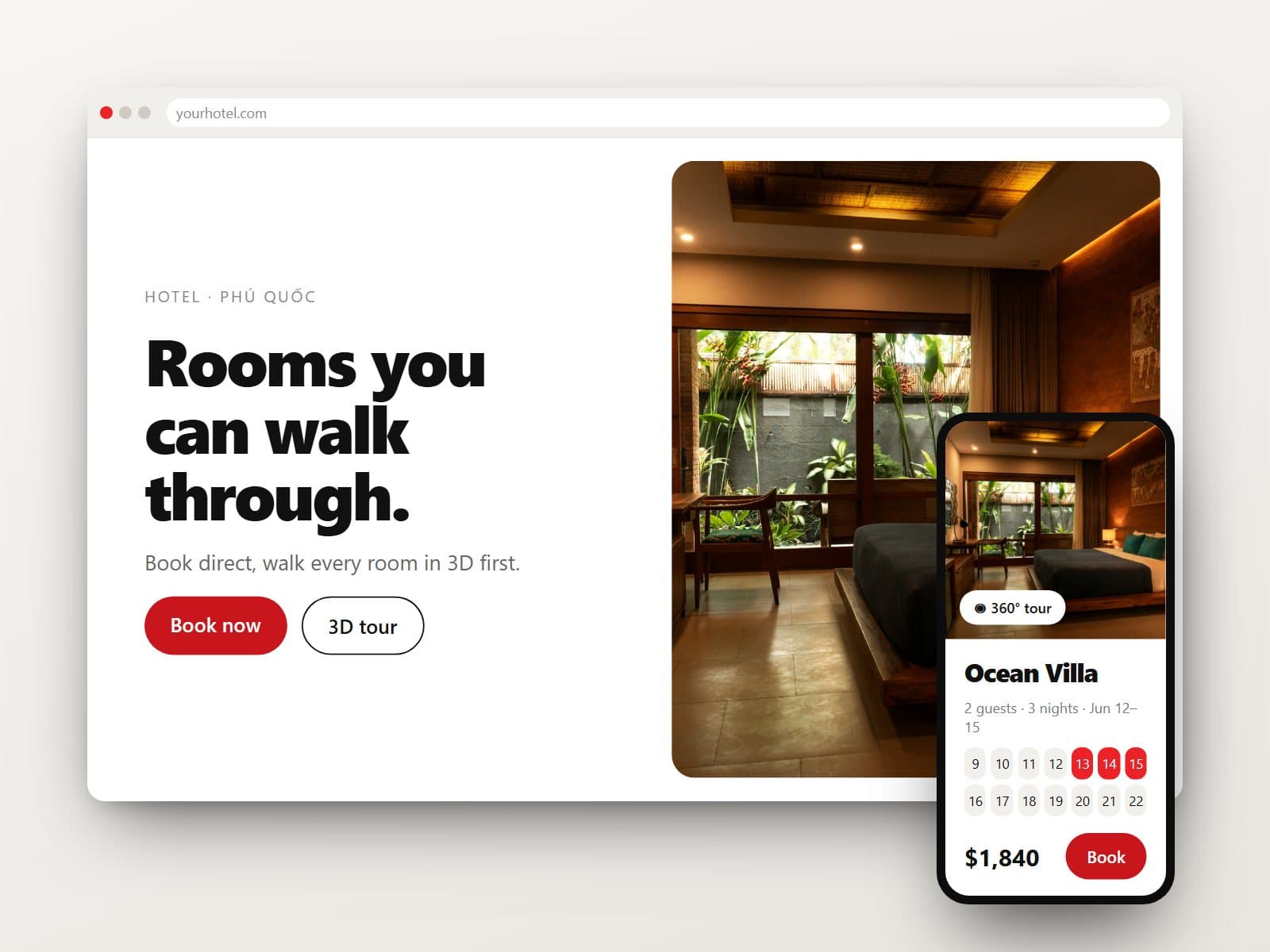 Sample: a hotel website with a 3D tour button, on a laptop and a phone.